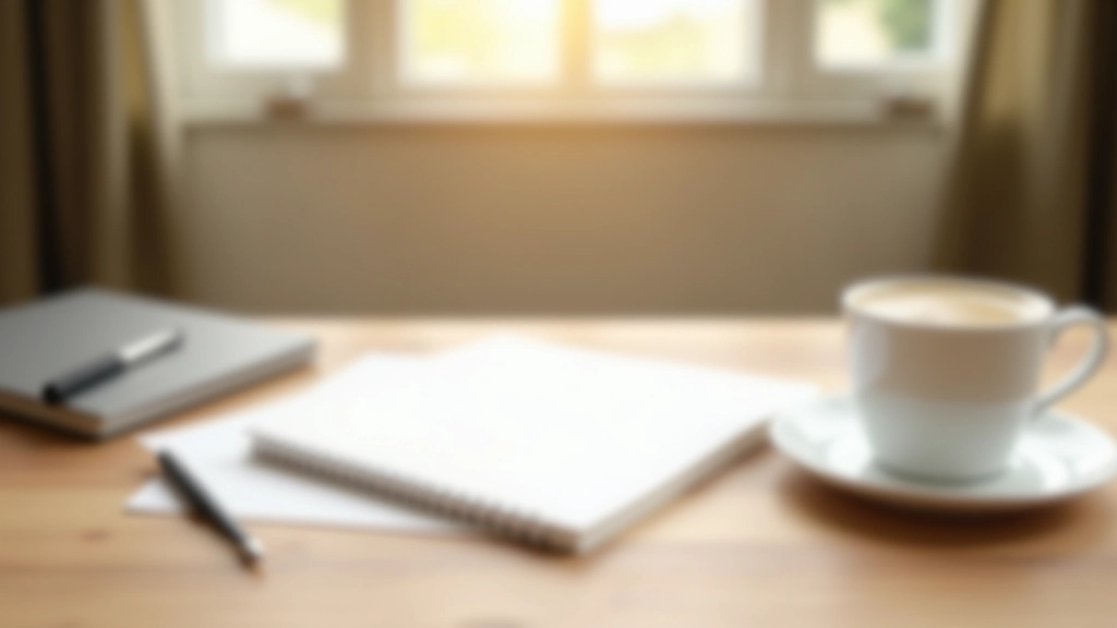 Psací stůl s notebookem, zápisníkem a nápojem, minimalistické pracovní prostředí s přirozeným světlem